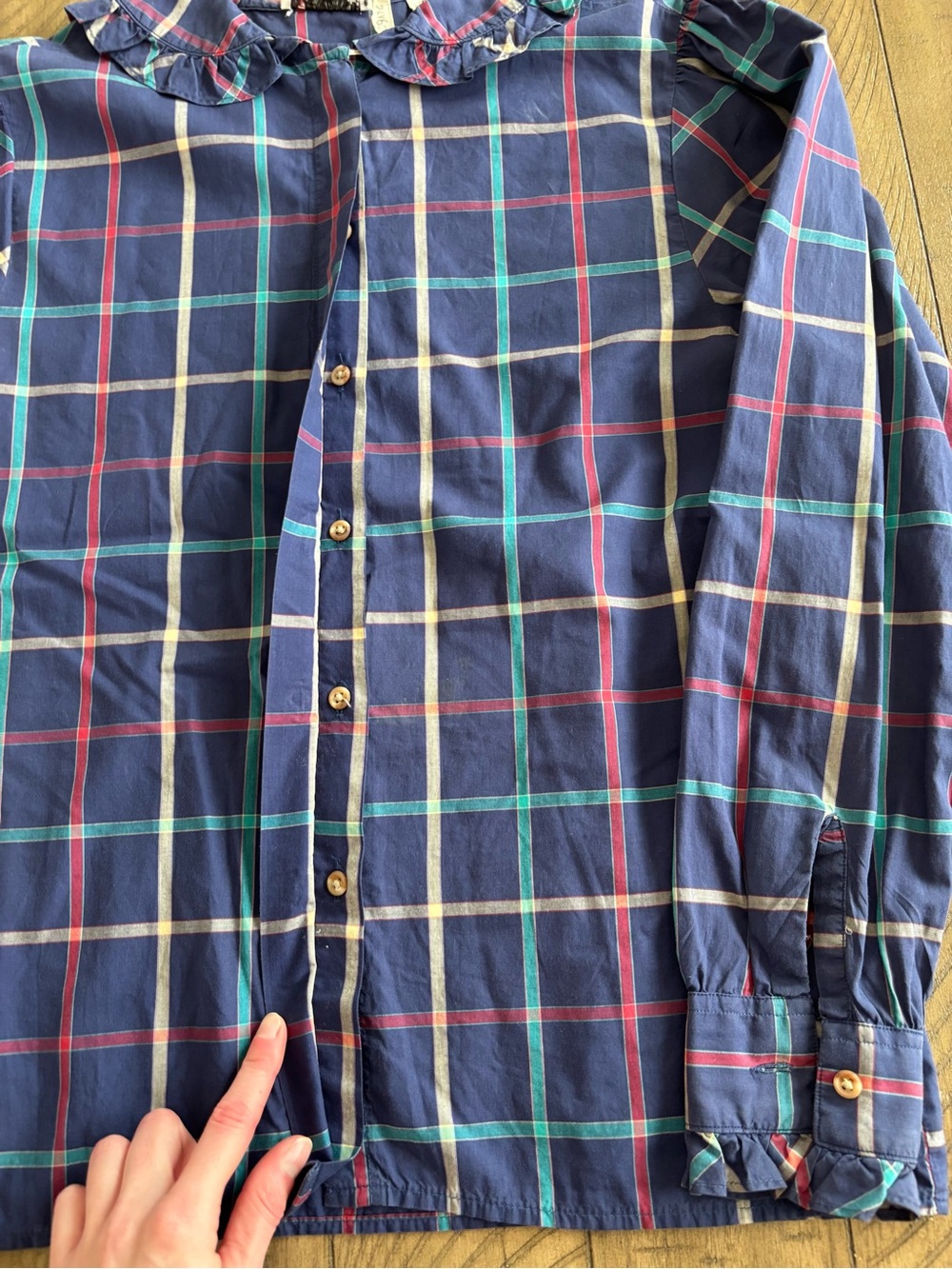 Talbots Navy Plaid Ruffle-Collar Button-Down Top - Picture 5 of 8